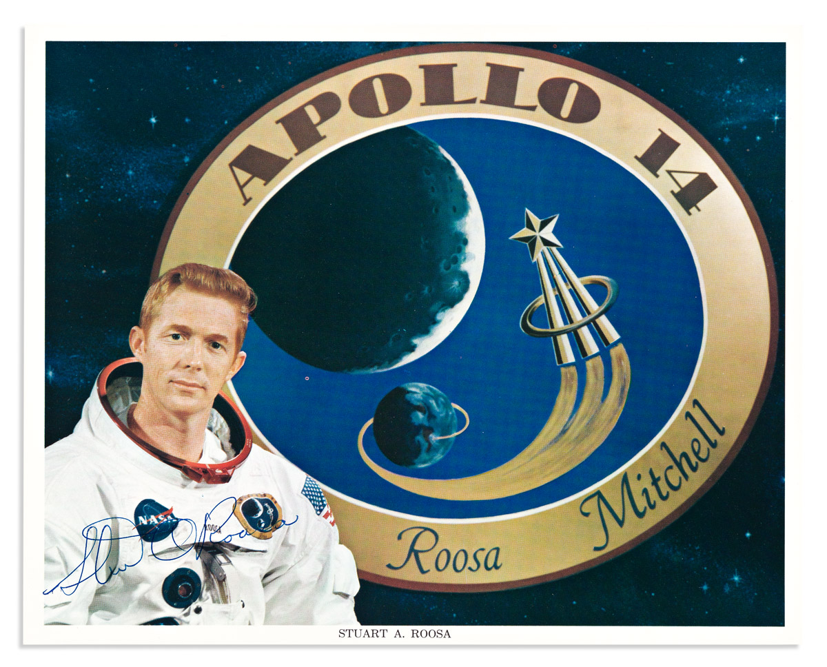 (ASTRONAUTS--APOLLO 14.) ROOSA, STUART. Color Photograph Signed, Stuart A Roosa, bust portrait by NASA, showing him with Apollo 14 em